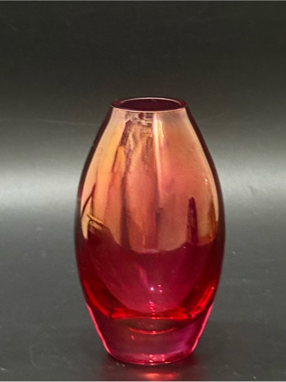 Iridescent Cranberry Rounded Teardrop Blown Art Glass 5” Vase